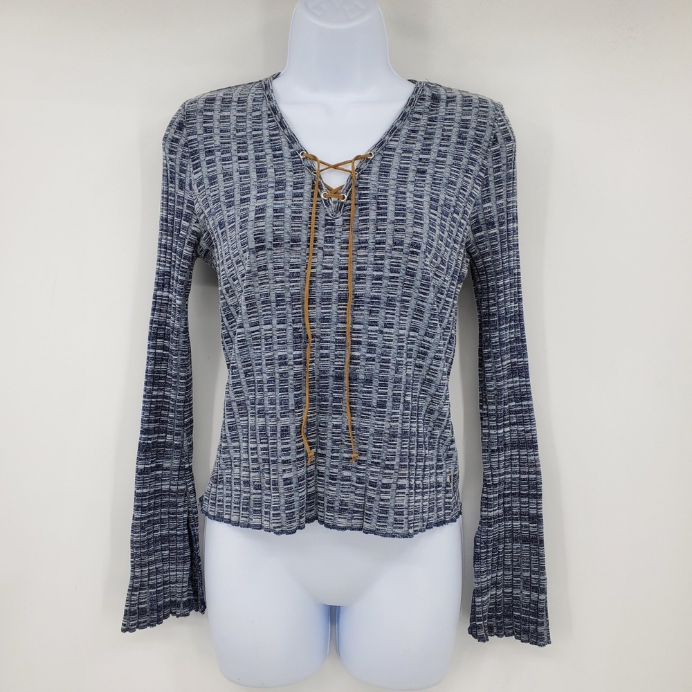 Vintage LEI Y2K Blue Space Dye Lace Up Bell Sleeve Top Large Western Hippie Boho